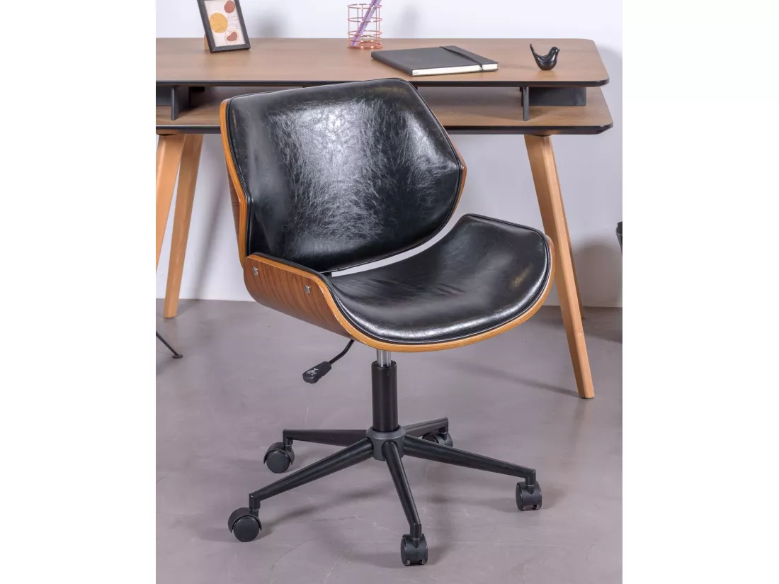 Chaise de bureau rétro en bois de noyer et cuir synthétique - Nordic - Noir