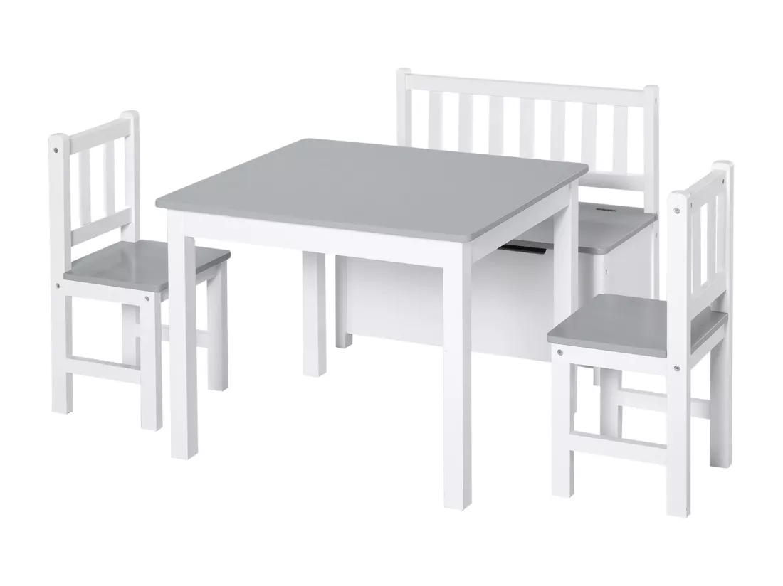 Ensemble de table et chaises enfant - set de 4 pièces - table, 2 chaises, banc coffre 2 en 1 - MDF pin blanc gris