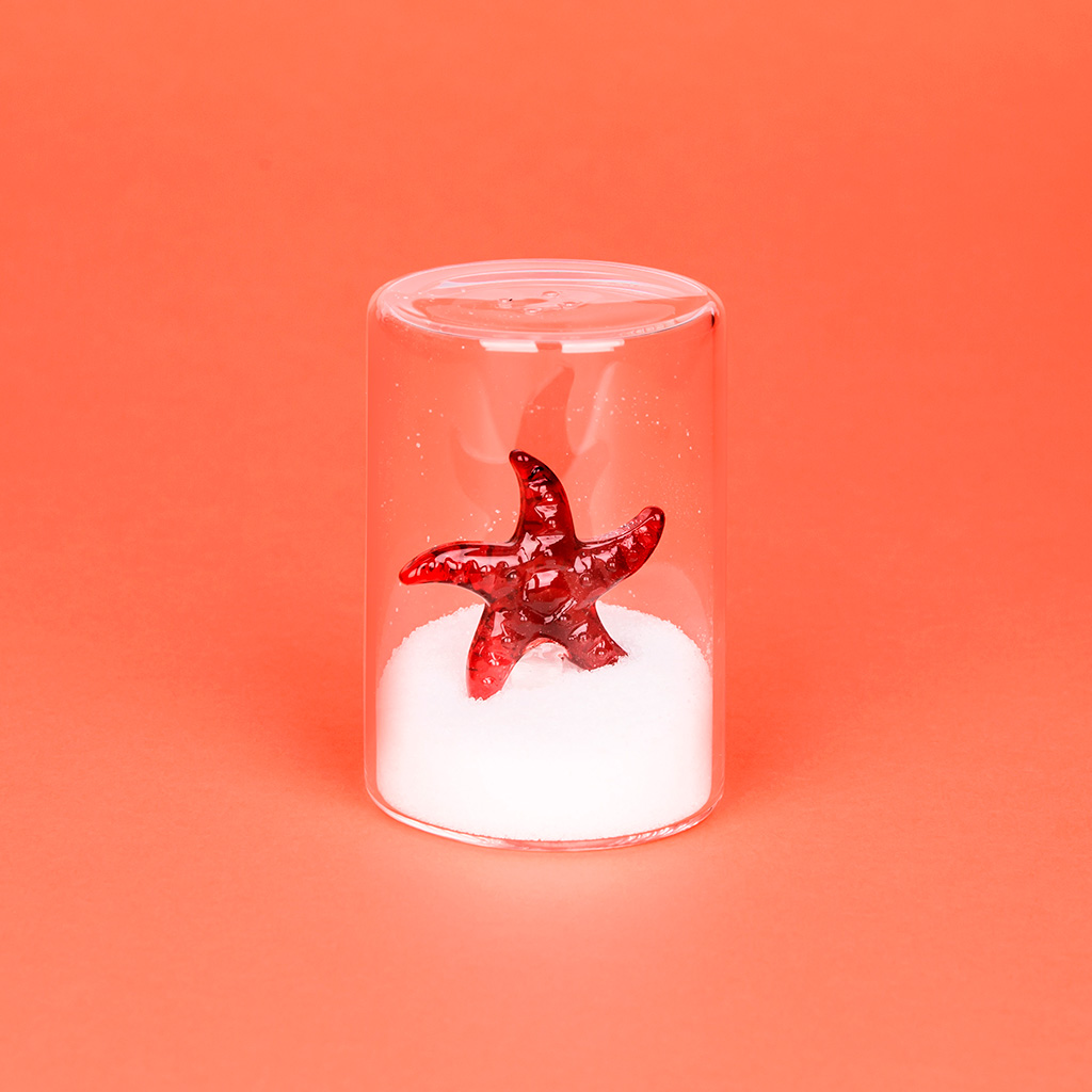 Saleiro Balvi em formato de estrela-do-mar, vermelho, feito de borosilicato.