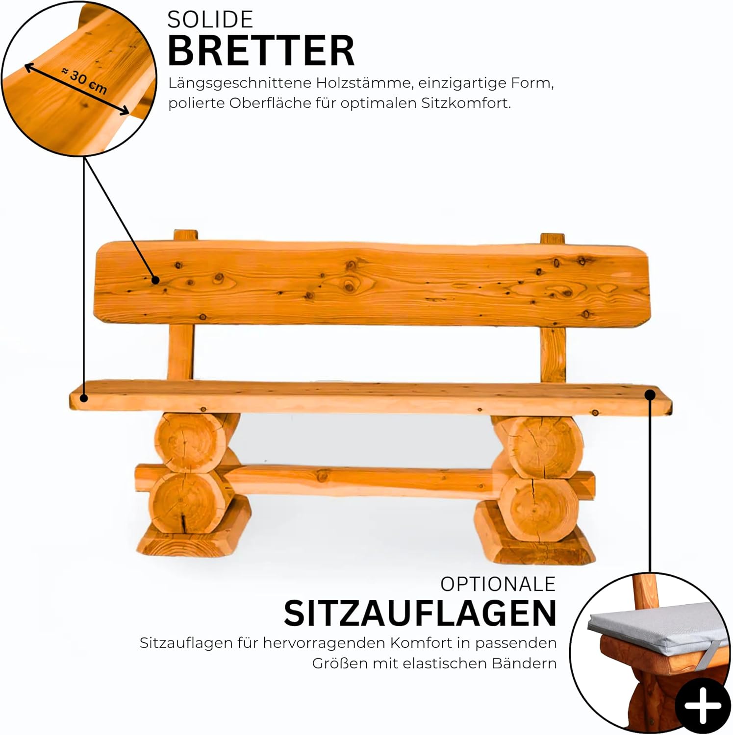 Gartenbank Rustikal Pinie Lasiert 120 cm - Massivholz Bank aus Kiefernholz - Fertig montierte Sitzbank für Terrasse, Garten & Balkon mit Rückenlehne - Für 2 Personen, wetterfest & robust