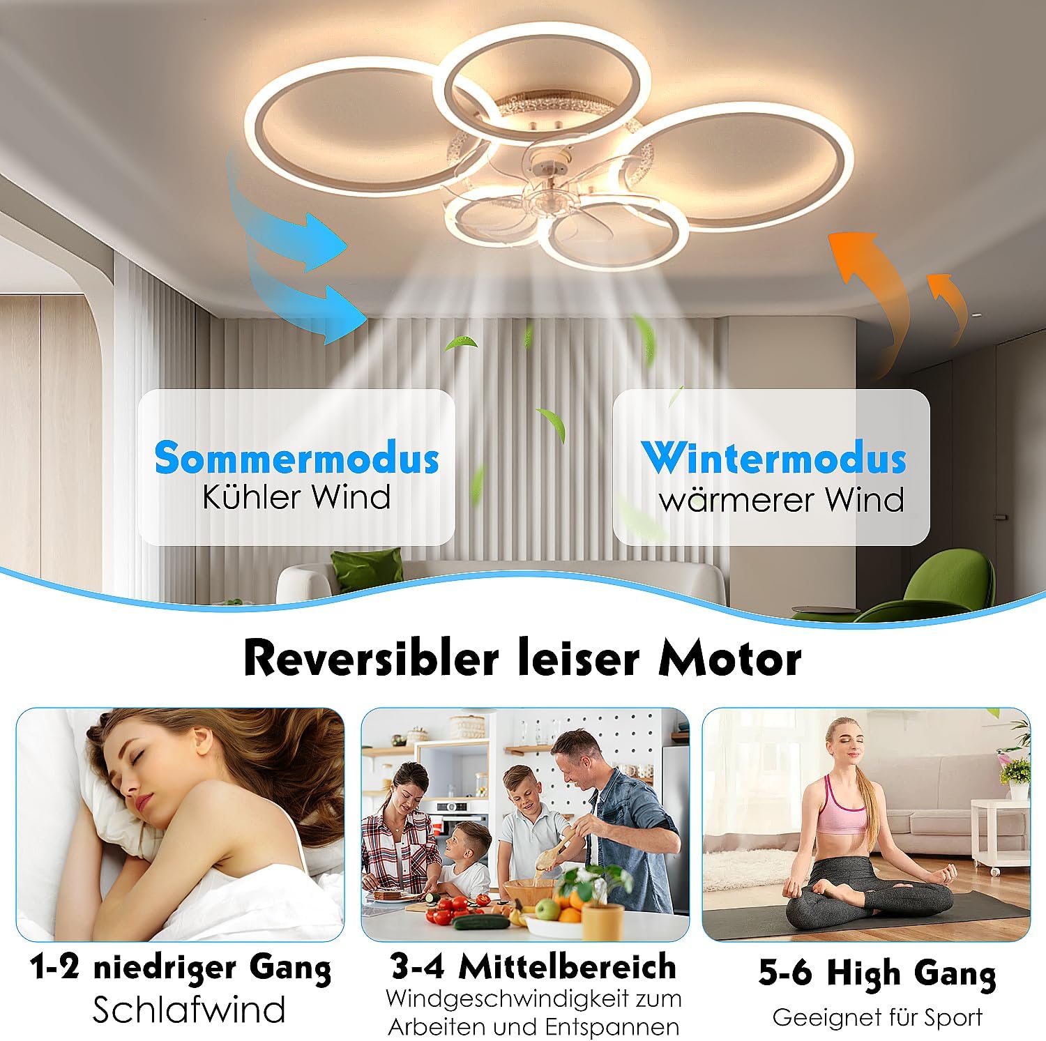 Deckenleuchte mit Ventilator, leise, weiß, Deckenventilator mit Beleuchtung, App und Fernbedienung, 72 W, 6270 lm, Dimmbar, RGB LED, für Wohn- Schlaf- und Esszimmer, 6-Gang, Timer