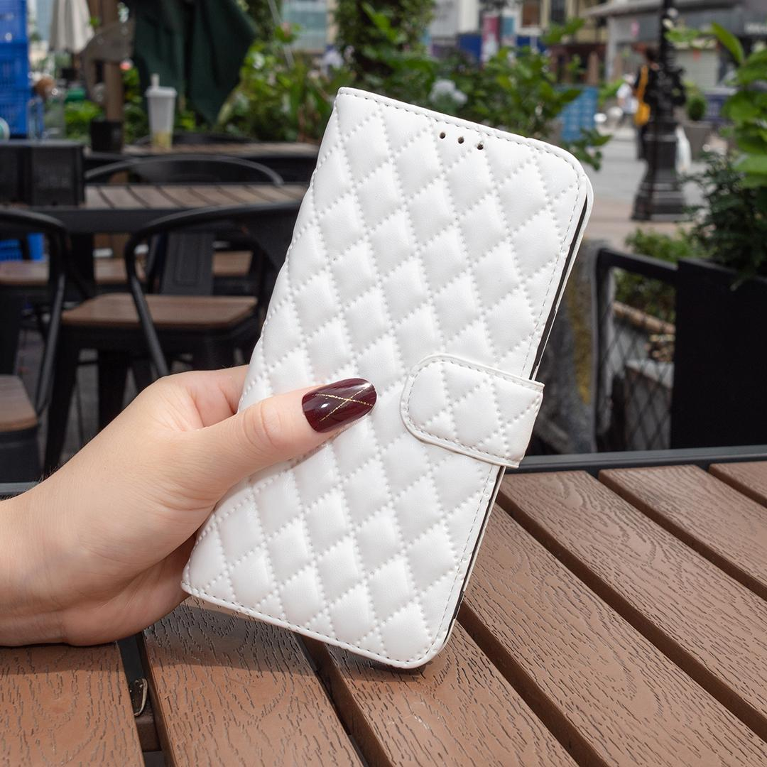 iPhone 14 / iPhone 13 Leder Tasche Flip Cover Steppmuster - Weiss