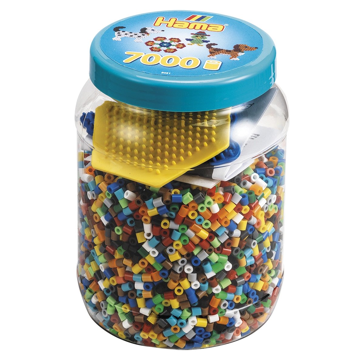 Midi pot bleu de 7000 perles a repasser HAMA et 2 plaques couleurs
