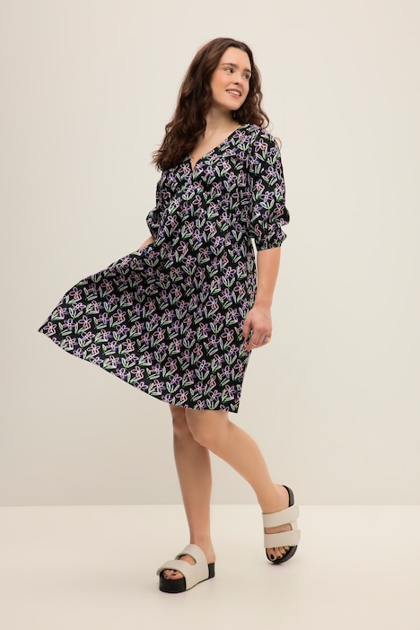 Minikleid, A-Line, Flower Print, V-Ausschnitt, weite 3/4-Ärmel