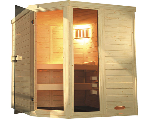 Massief houten sauna Weka Laukkala maat 2 inclusief 7,5 kW kachel en digitale bediening met raam en volledig glazen deur van helder glas
