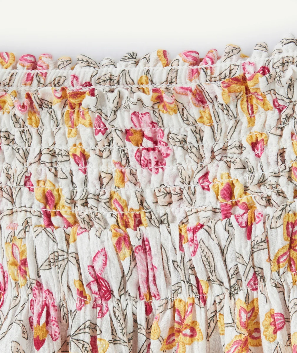 jupe longue fille en coton écru et imprimé floral jaune et rose