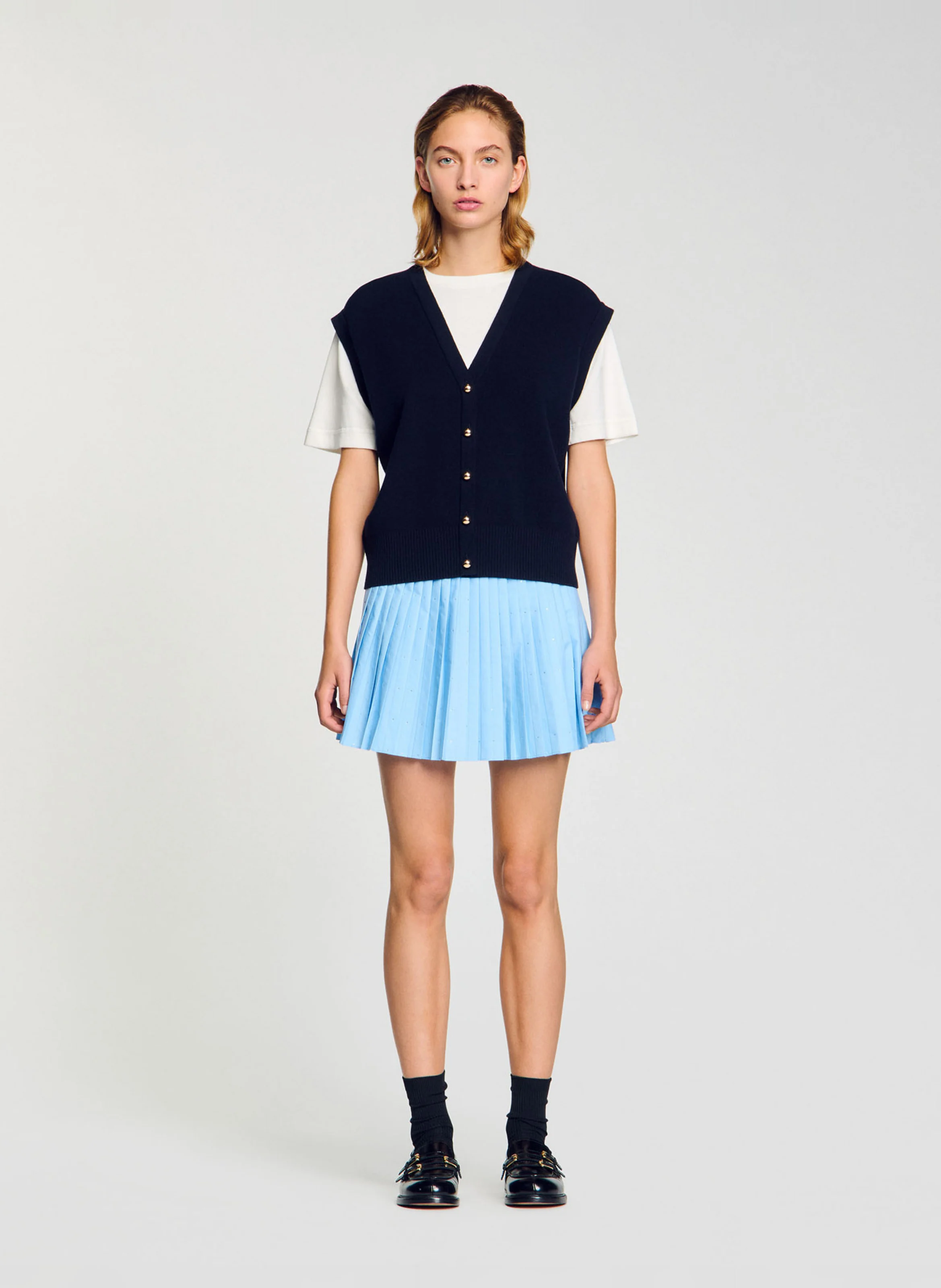 Pull bicolore court en laine mélangée | Bleu