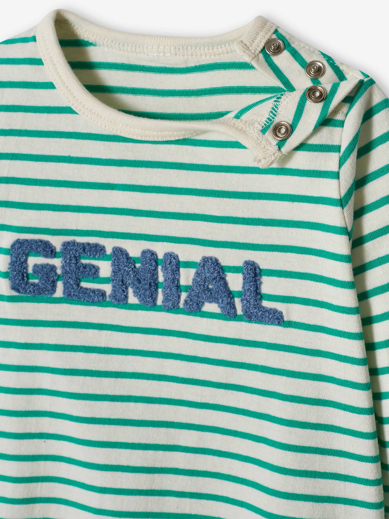 Camiseta listrada azul-escura com mensagem para bebê menino