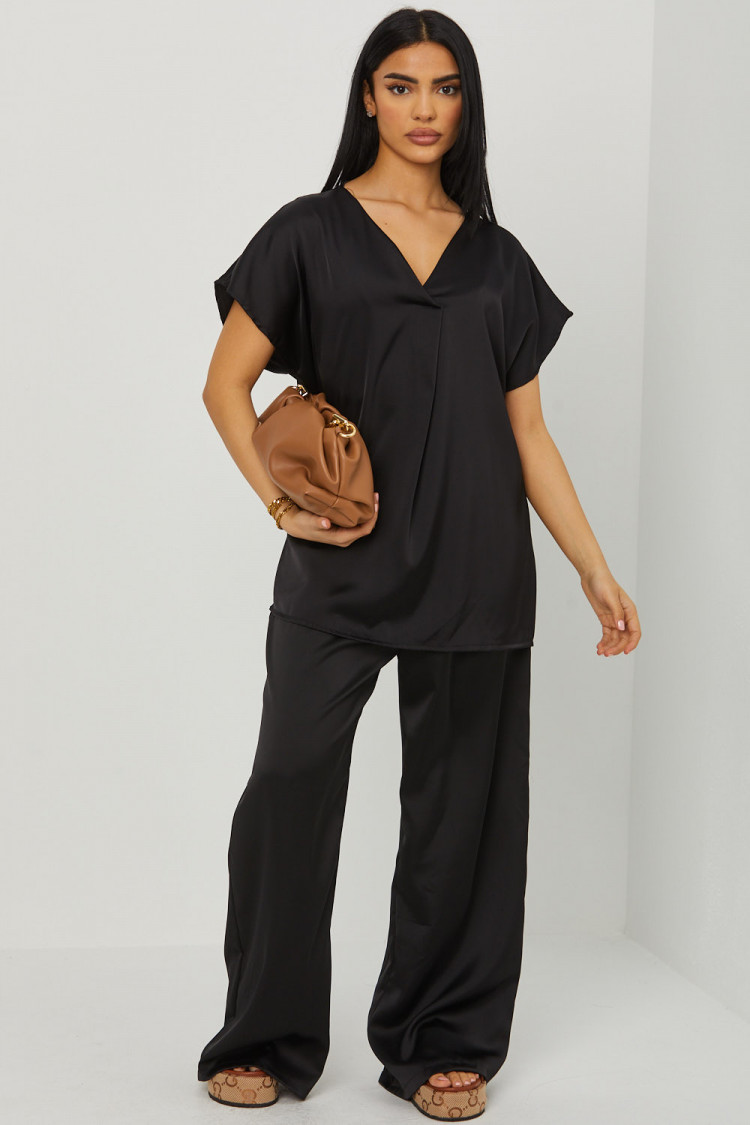 Ensemble 2 pièces blouse + pantalon satiné noir
