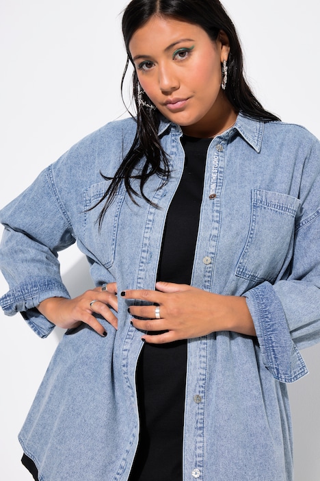 Jeanshemd, oversized, Knopfleisten-Stickerei