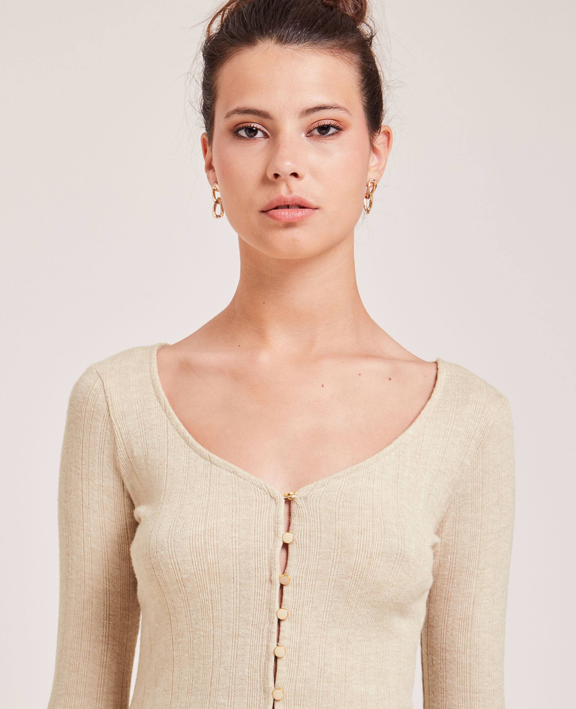 Top boutonné en maille côtelée - Taupe