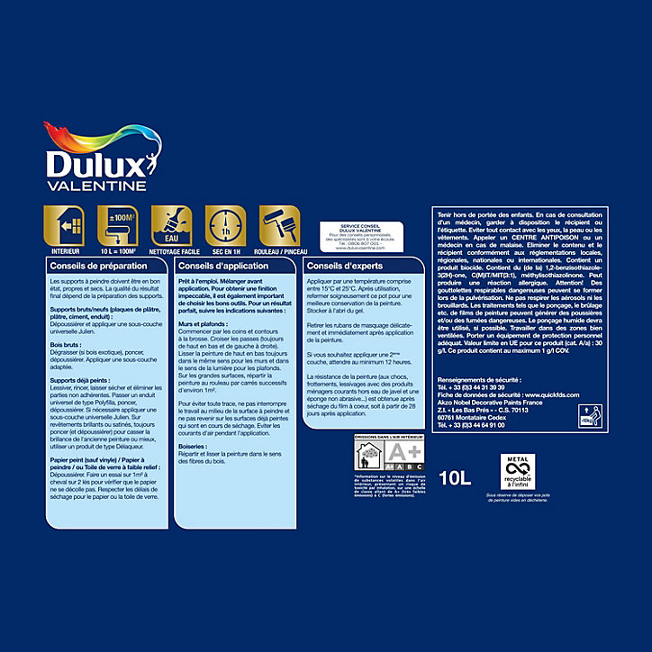 Peinture murale le Blanc Dulux Valentine haute résistance velours blanc 10L