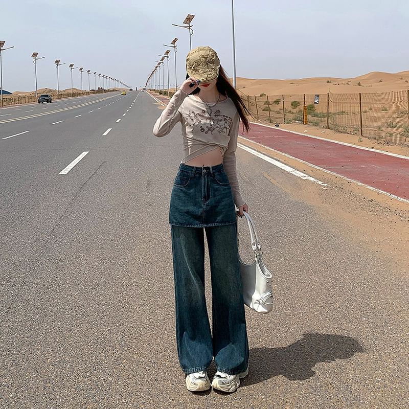 Denimot - High Waist Washed Skirt Overlay Wide Leg Jeans (Diverse ontwerpen)