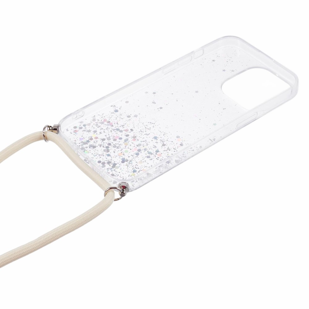 iPhone 15 Pro Necklace Gummi Hülle im Glitzer Design   Handykette (140cm) - Weiss / Transparent