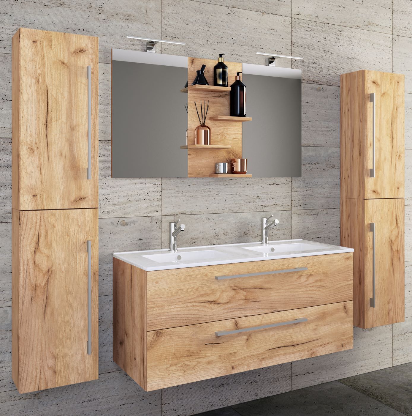 5-teiliges Badmöbel-Set BUDASI - Honig Eiche - Spiegel - 177 cm breit