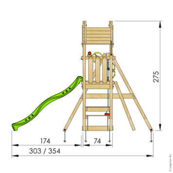 Speeltoestel Jungle Gym Totem grenen geïmpregneerd met glijbaan groen en 2-schommel module