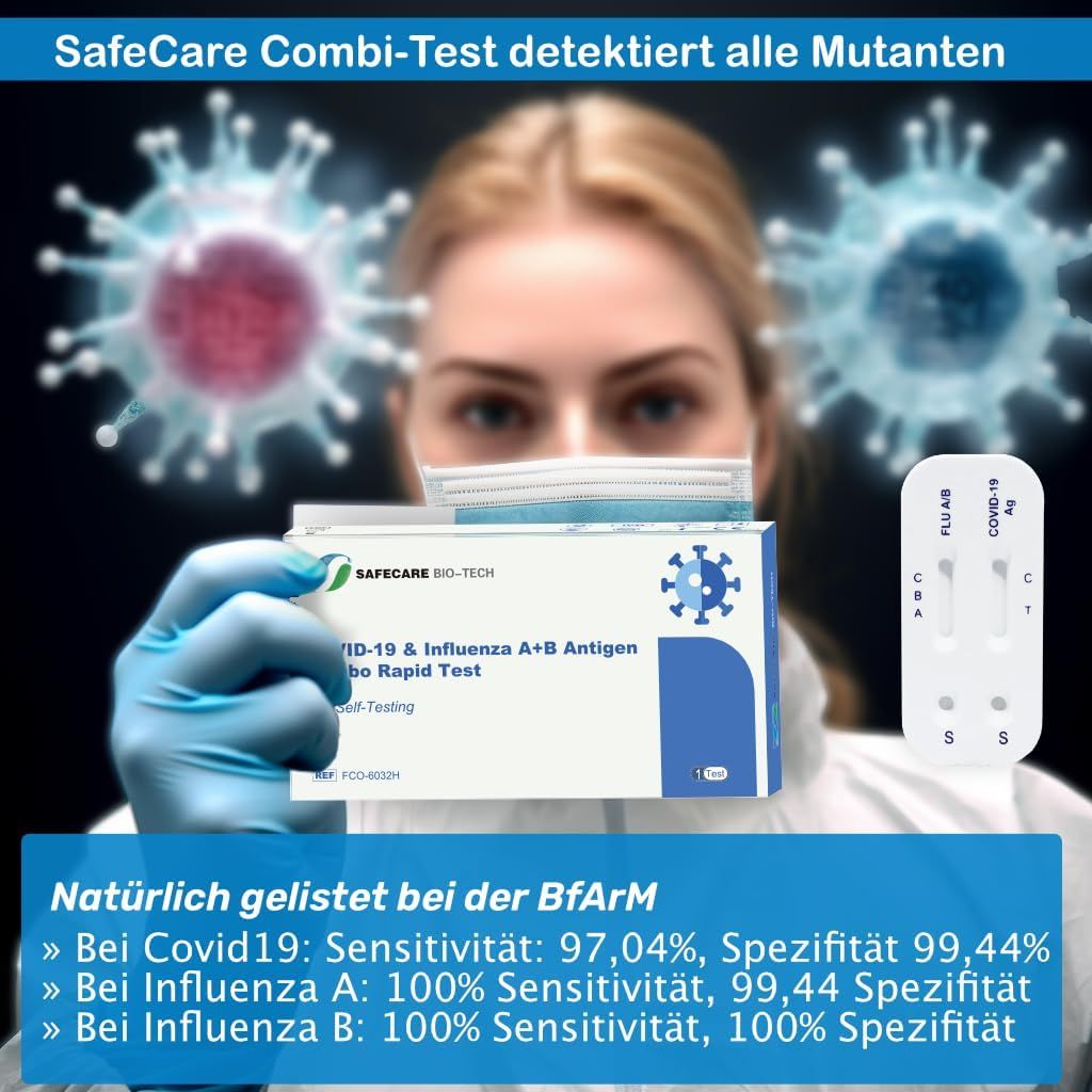 Safecare 3in1 Influenza A+B COVID-19 Antigen Combo Schnelltest + Gratis BLT Desinfektionsmittel