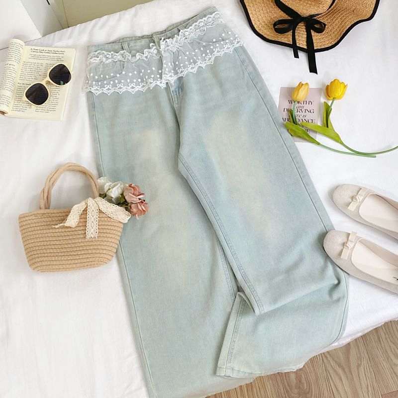 Iasia - Hoge taille jeans met wijde pijpen en gewassen kant