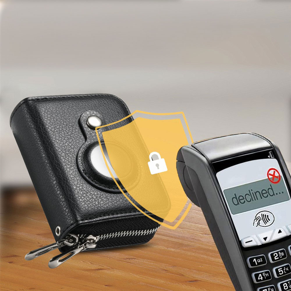 (12.7x11.1x3.6cm) Apple AirTag Wallet Mini Kreditkarten Portemonnaie Leder Etui Geldbörse Litchi Look  (RFID Schutz) - Braun