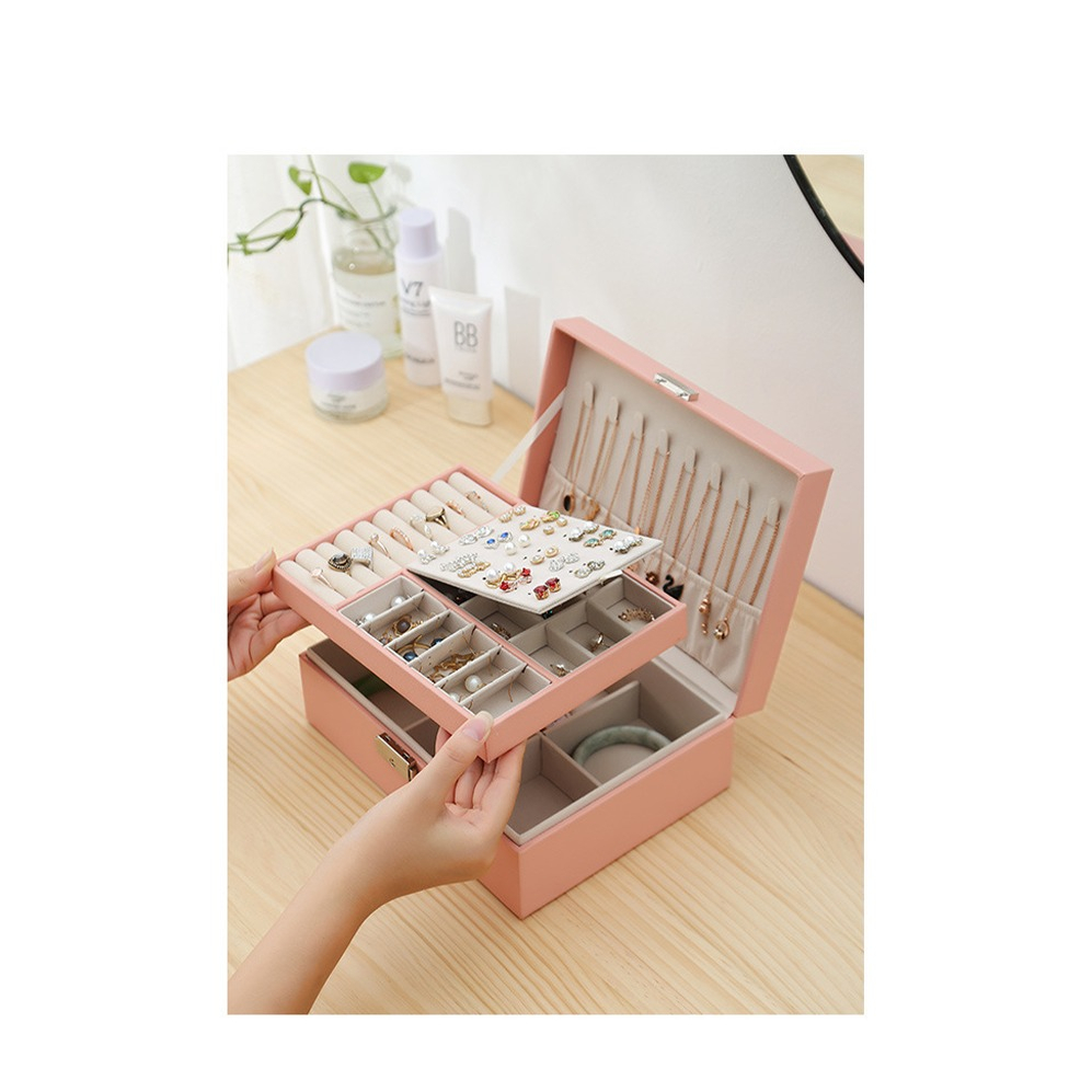 Leder Schmuckschatulle mit Schloss Aufbewahrungsbox Organizer für Ringe / Halskette / Ohrringe / Armbänder - Rosa