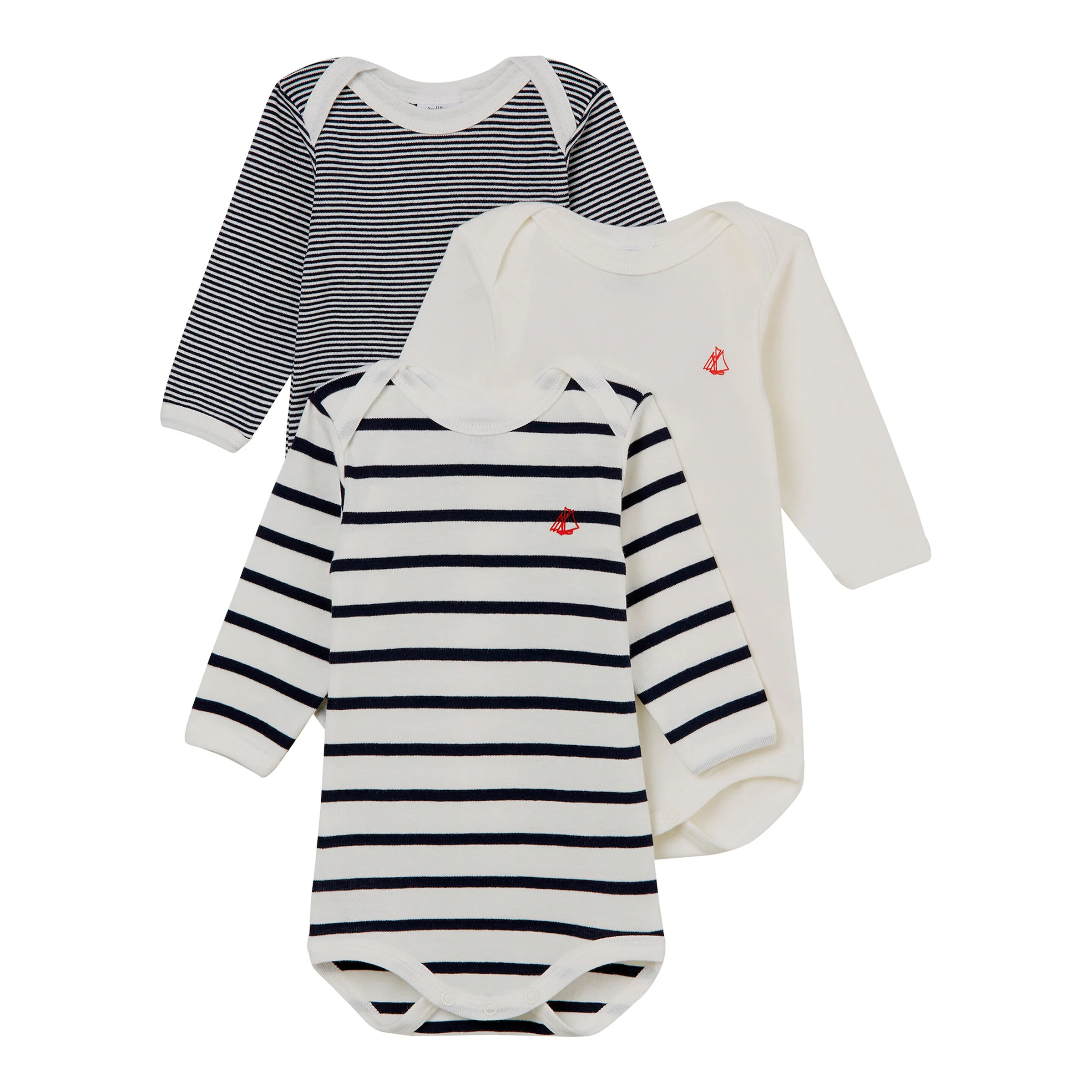 Petit Bateau 3er-Pack Bodys langarm Uni Ringel