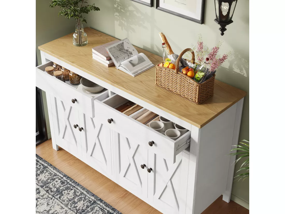 Buffet de cuisine avec 2 tiroirs et 4 portes - 140 x 40 x 89 cm - Bois MDF - Blanc + naturel