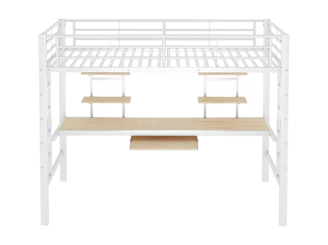 Lit mezzanine 90 x 200 cm avec bureau et 2 étagères - Métal - Sommier à lattes - Blanc (sans matelas)