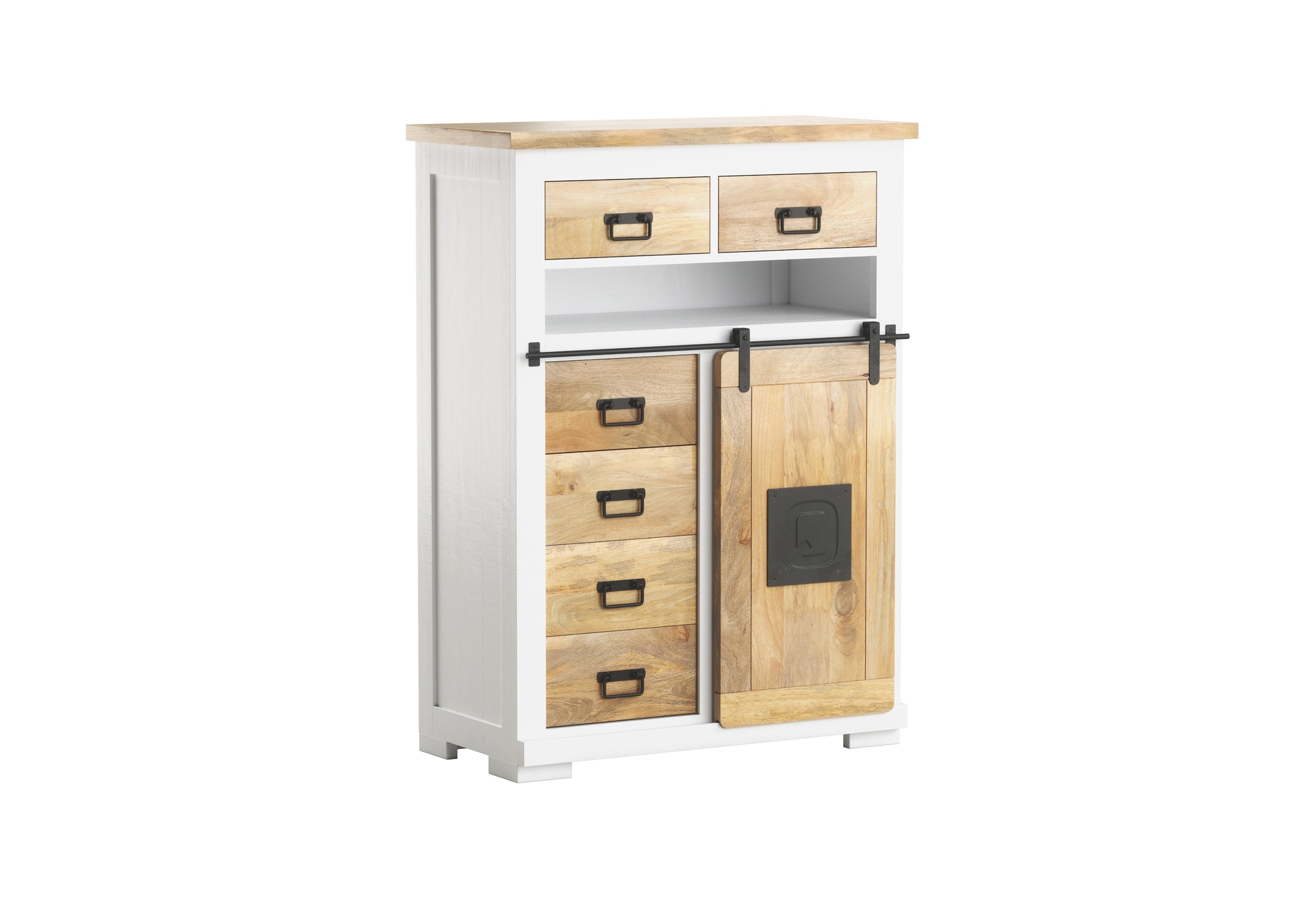 PHILL HILL Highboard LEWIS 90 x 130 x 45 cm Mango massiv/weiß/schwarz
