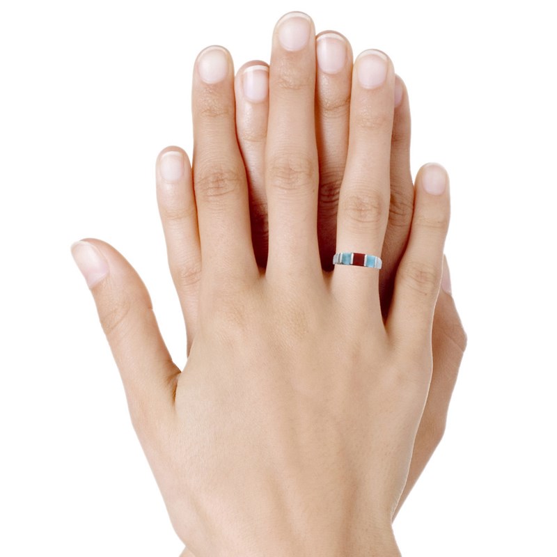 Bague Argent Deux Carrés de Larimar et Un Carré en Corail Rouge