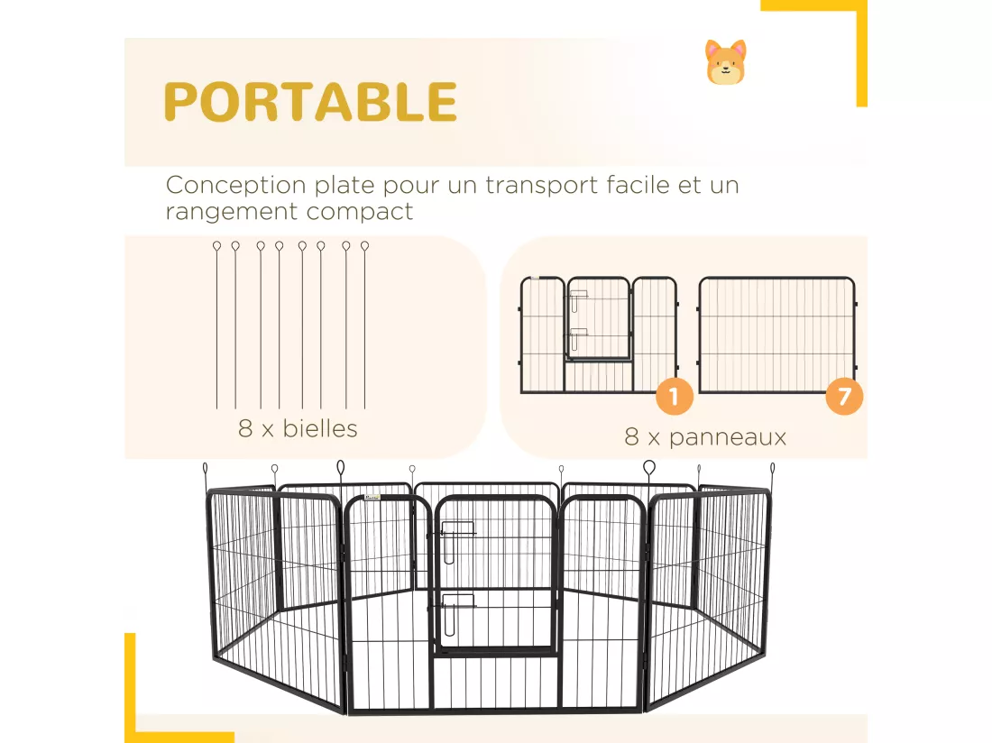 Luxe parc enclos modulable acier 8 panneaux dim. 80L x 60H cm - porte verrouillable - acier époxy noir