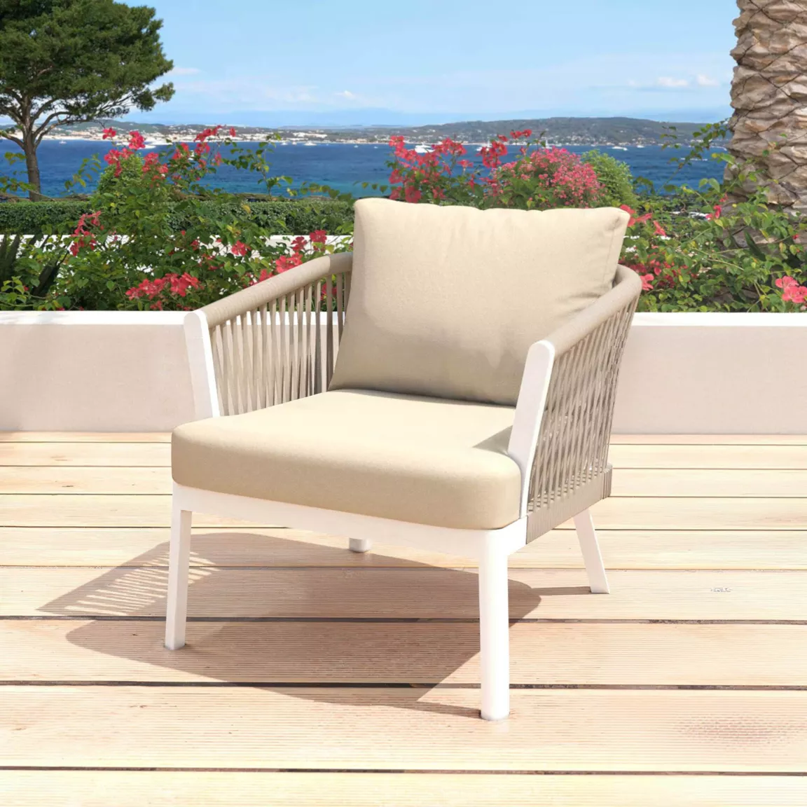 Fauteuil de jardin détente en aluminium Amalfi Blanc et beige