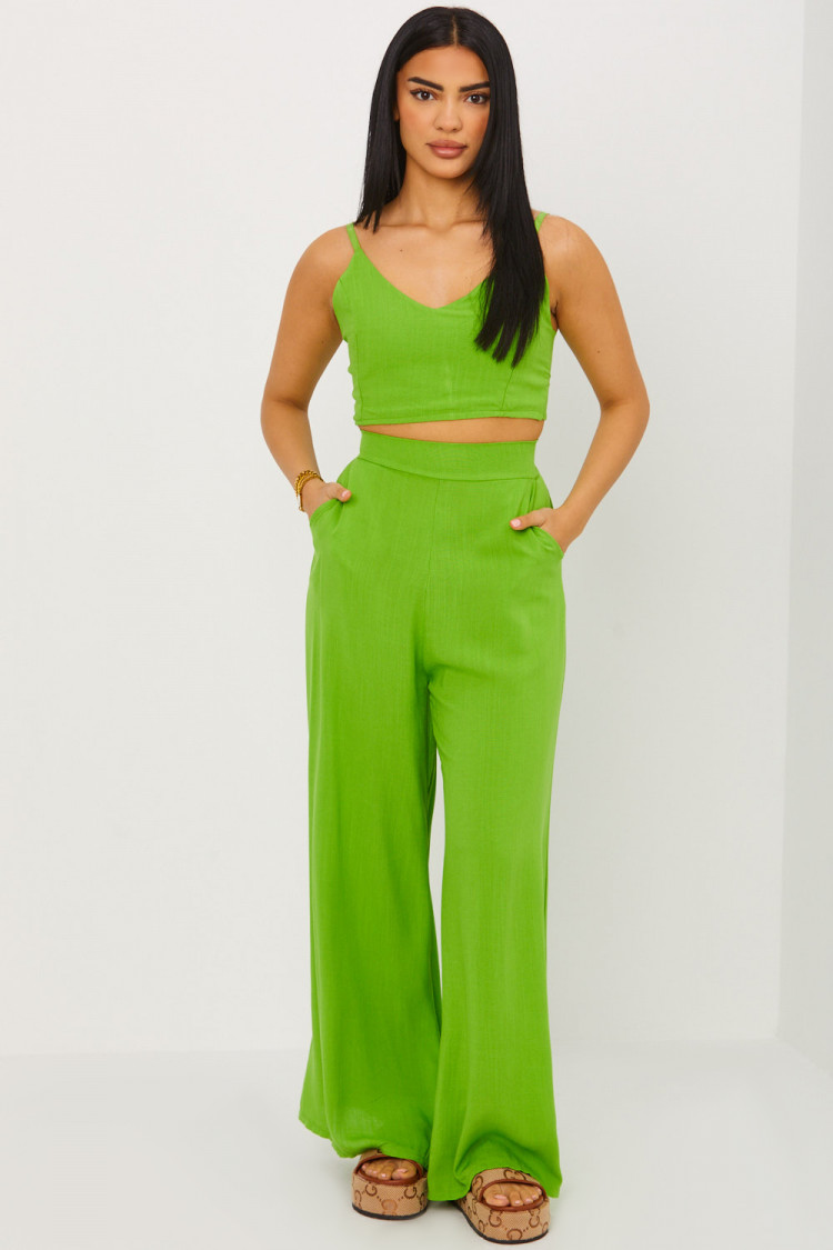 Ensemble effet lin 2 pièces crop top + pantalon vert clair