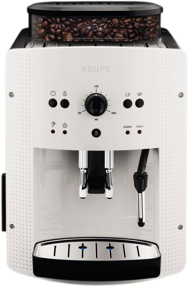 Krups Machine à café broyeur grain, 2 expresso simultanés, Nettoyage automatique, Buse vapeur Cappuccino, Essential blanche EA810570