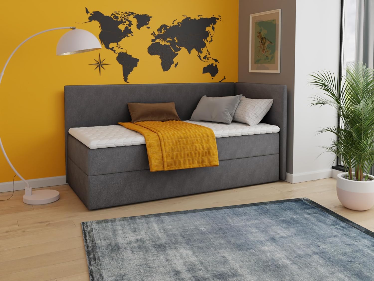 Sofnet Boxspringbett Flame mit Bettkasten - Einzelbett mit Bonell-Matratze und Topper, Polsterbett, Universelle Bettseite, Bett, Schlafzimmer, Kinderzimmer (Graphit (Kronos 22), 90 x 200 cm)