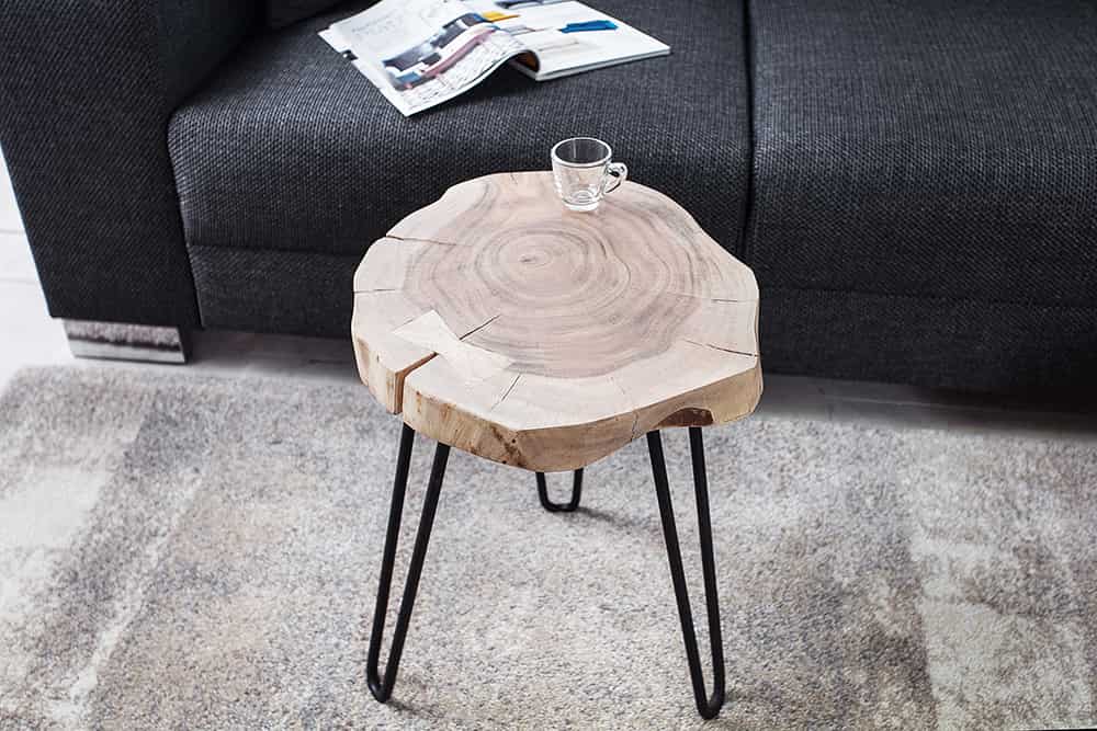 Massivholz Beistelltisch GOA 40cm natur Akazie Baumstamm Metall schwarz Hairpin Legs