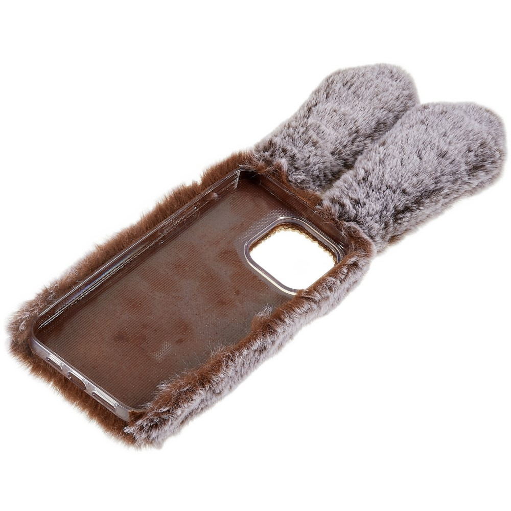 iPhone 14 Pro Max 3D Gummi Plüsch Case Hülle Bunny mit Flauschigen Hasenohren - Braun