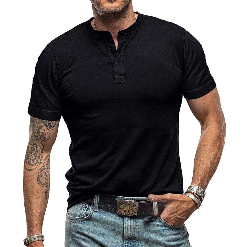 Dubbel Wit - Henley effen T-shirt met korte mouwen