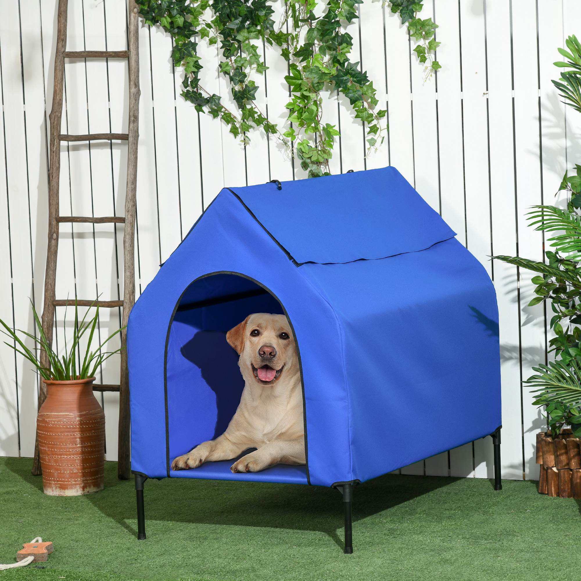 Casinha para cães PawHut, 110x76x110 cm, cama elevada para animais de estimação com capa removível e janelas de tela para cães de grande e extra grande porte, azul.