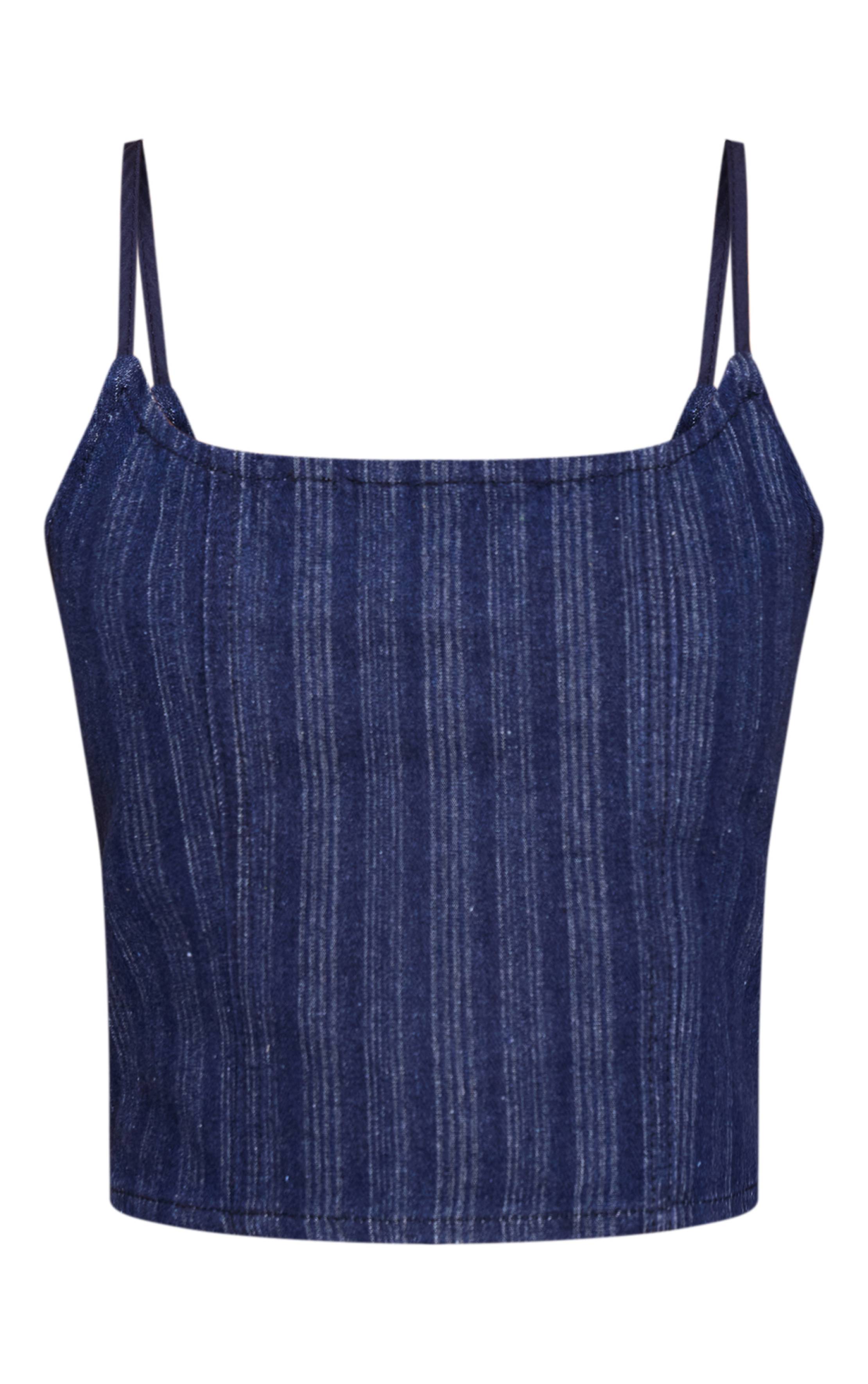 Bleu Indigo Top Ajusté À Bretelles En Denim À Fines Rayures Petite