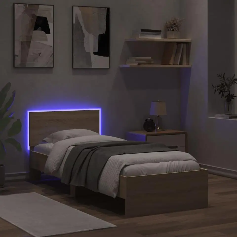 vidaXL - LED eenpersoonsbed met hoofdbord - Sonoma eiken - 90x200 cm