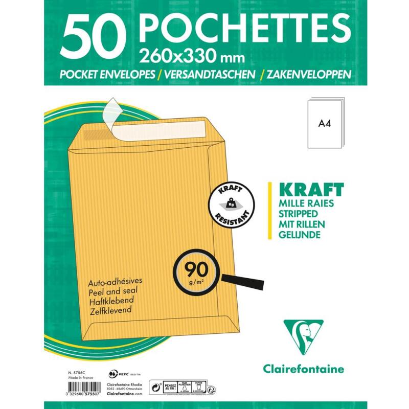 Paquet de 50 Pochettes Kraft Milleraies Brun 24-260x330 mm - Auto-Adhésives - 90g/m2 - Brun
