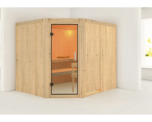 Karibu Malina modulaire sauna zonder oven en dakkroon, met volledig glazen deur van helder glas