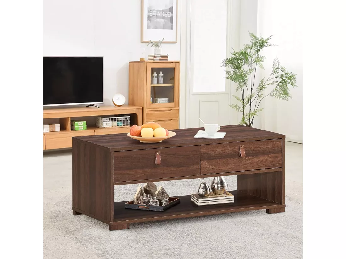 Table basse vintage avec 2 tiroirs et étagère de rangement ouverte, 100 x 44 x 41 cm