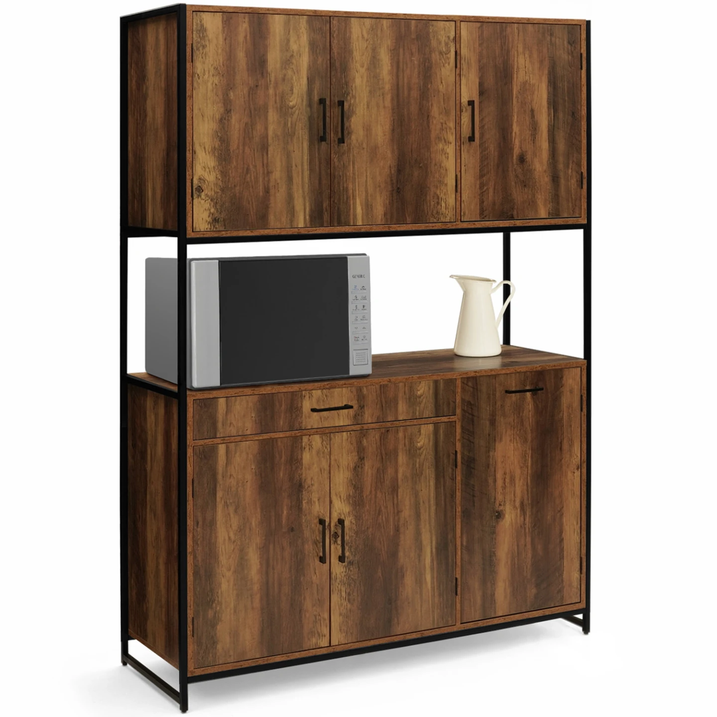 Buffet de cuisine 120 CM HAWKINS meuble 6 portes bois foncé design industriel + tiroir