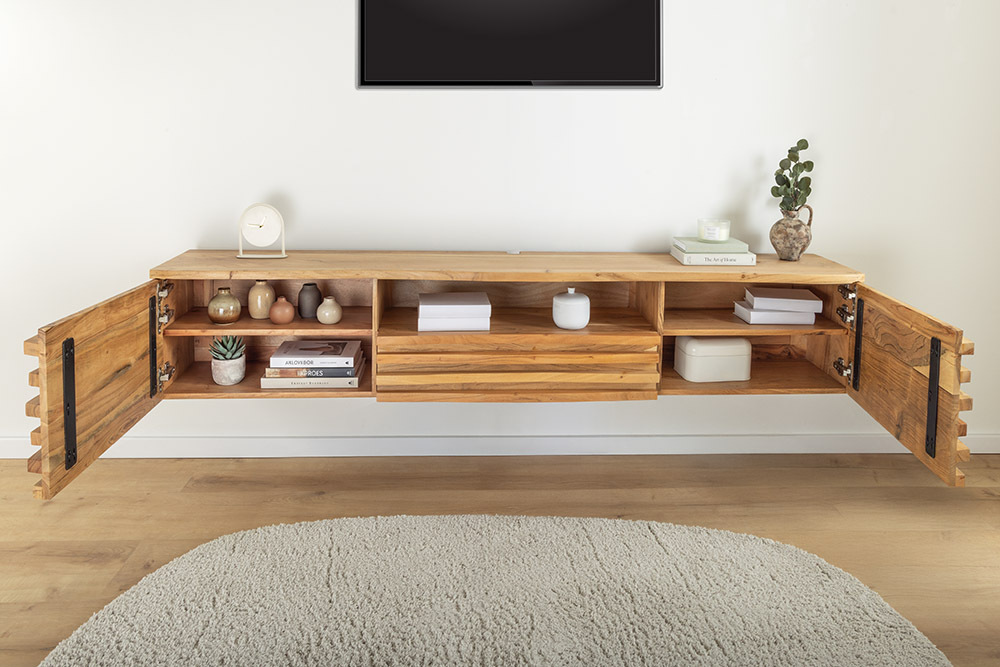 Hängendes TV-Lowboard RELIEF 200cm natur Akazienholz massiv mit aufwändiger Front