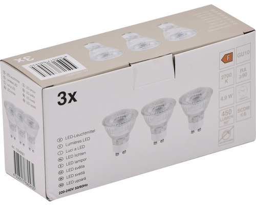 3x LED reflectorlamp PAR16 GU10/4,9W (64W) 450 lm 2700 K warm wit helder 3 stuks 36°