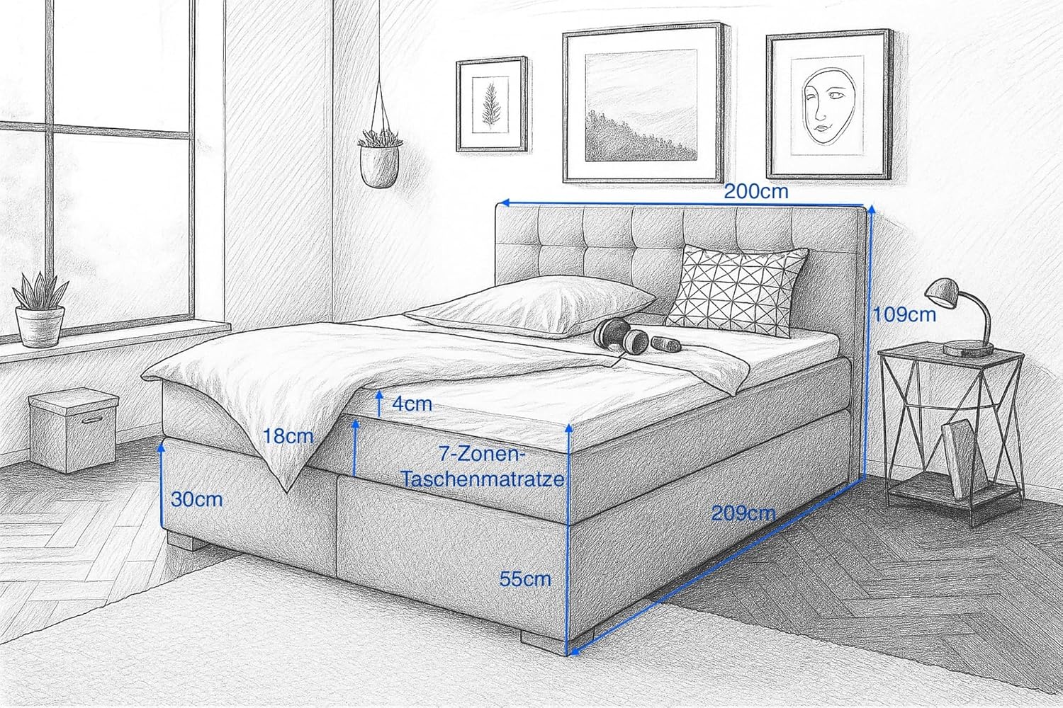 A&J MöbelLand Boxspringbett 200x200 mit Bettkasten und Lattenrost – Tom-OM, Bett mit Stauraum in Beige 2 ohne Matratze