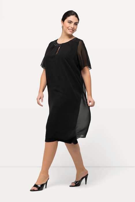 Chiffonkleid, Schmucksteine, A-Linie, Rundhals, Halbarm