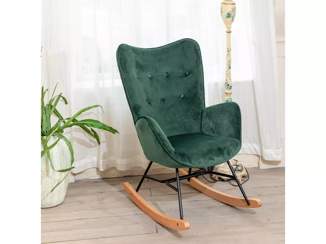 Fauteuil à bascule Scandinave velours vert pieds en bois clair EPPING KD VELVET GREEN WOOD LEG