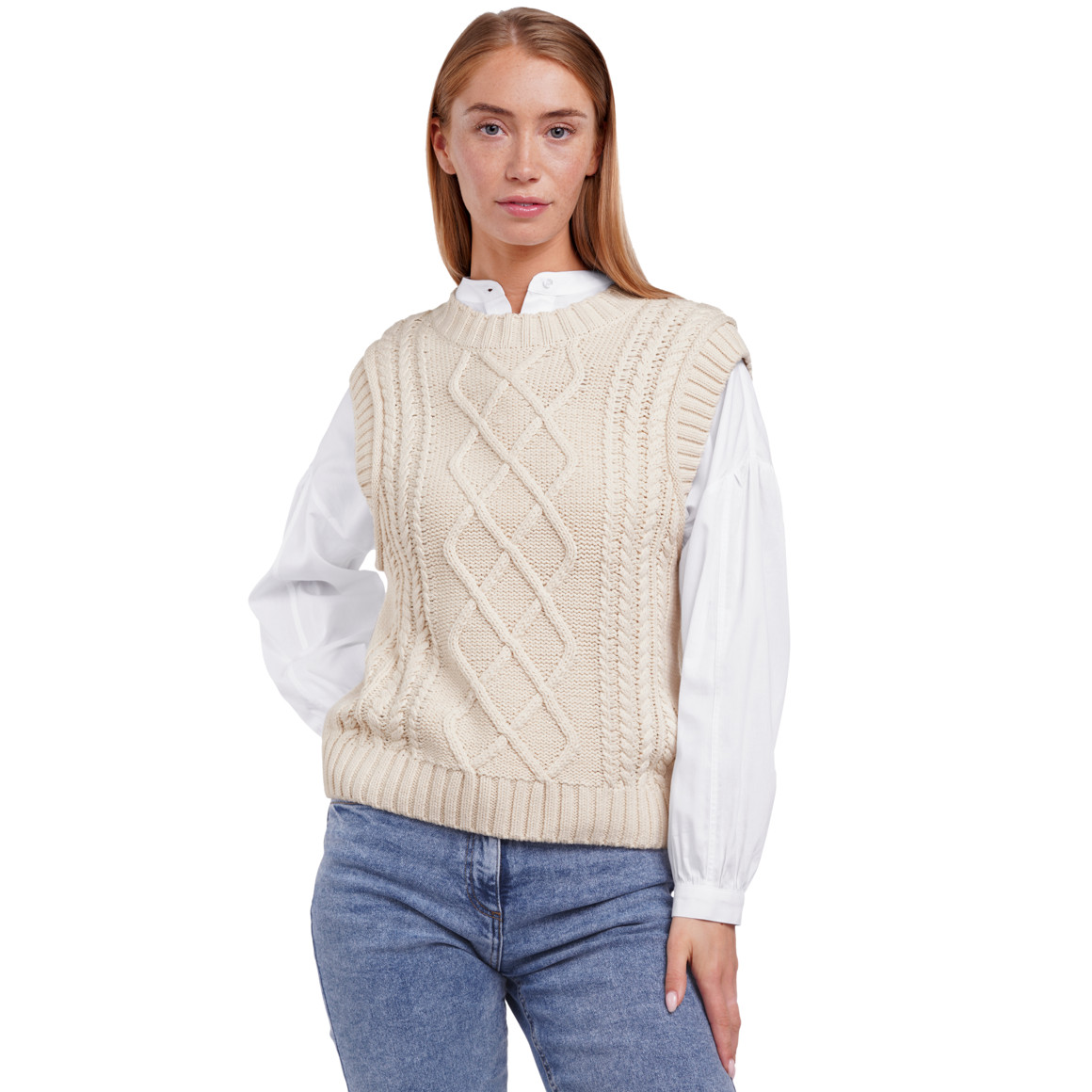 Jonas Nielsen Damen Strickpullunder mit Zopfmuster beige